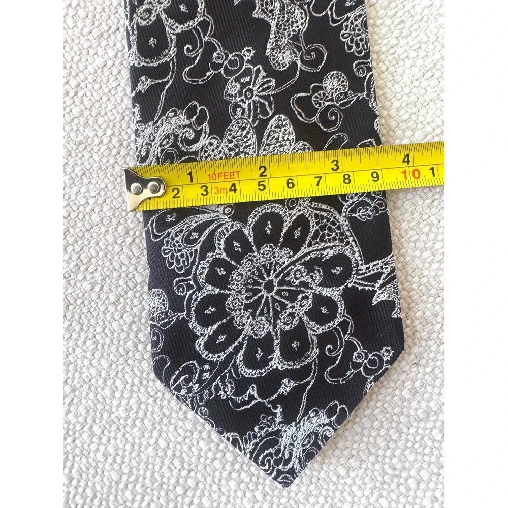 Christian Lacroix Mens Silk Tie Black White Floral Pattern Made in ITALY